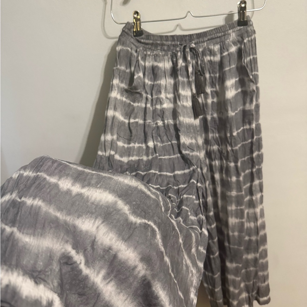 Luxury Linen Palazzo Drawstring Pant Gray and White Tie-Dye Wide-Leg Trousers